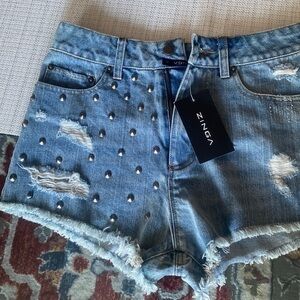 High rise denim shorts, metal studs, size S, brand new